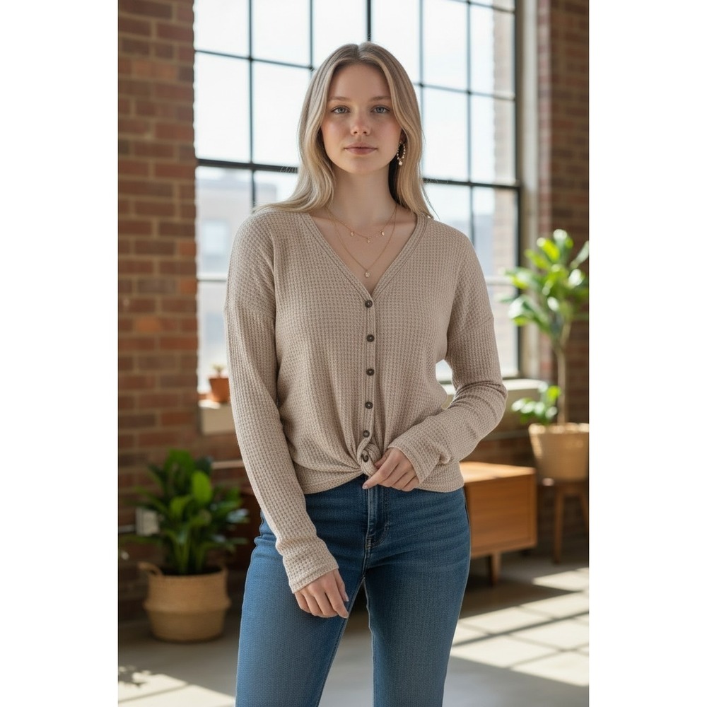 Waffle Knit Beige Oversized‎ Women's Tie Front S/Petite Boho Preppy
